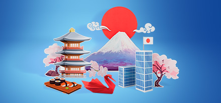 Ein Papierausschnitt von Gebäuden, Origami, Sushi und dem Berg Fuji