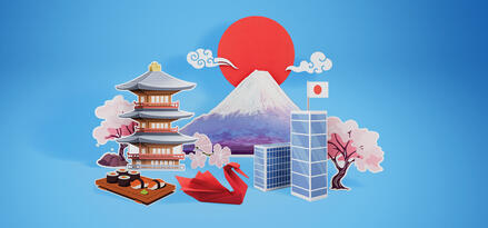 Ein Papierausschnitt von Gebäuden, Origami, Sushi und dem Berg Fuji